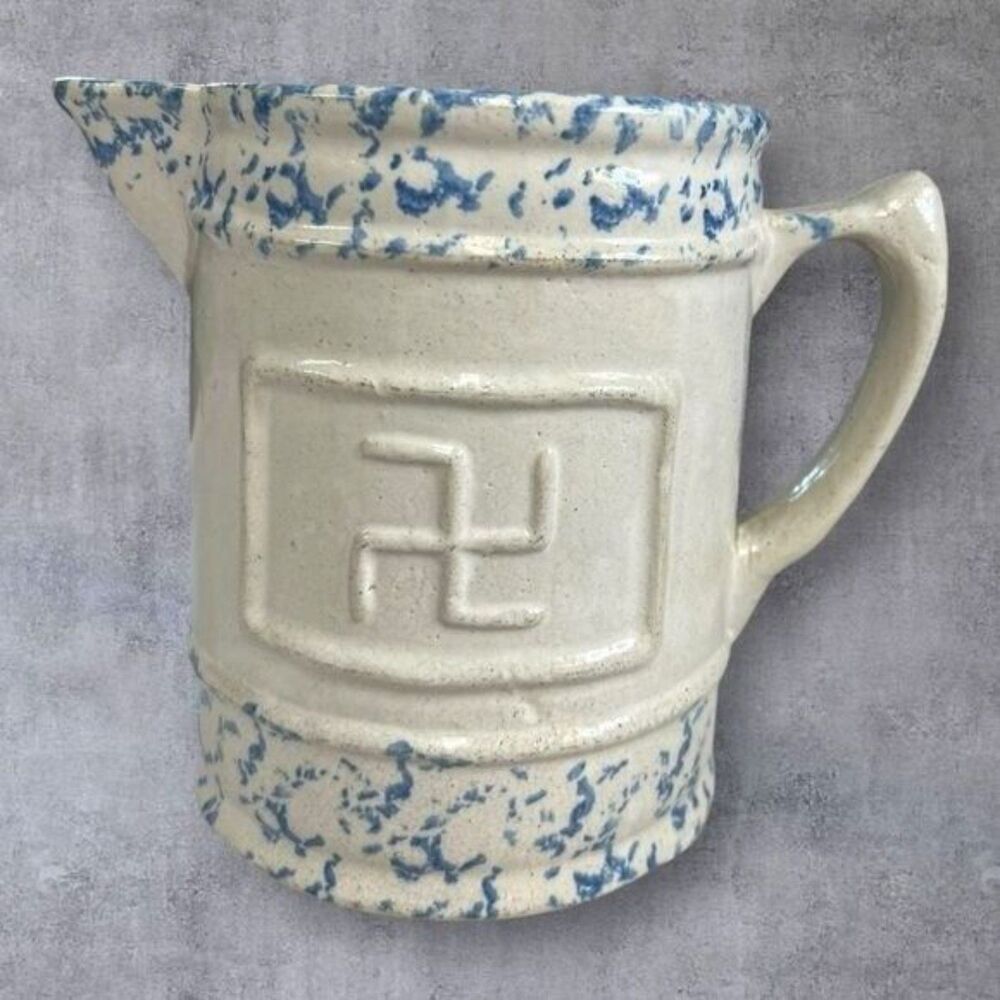 Antique Stoneware Spongeware Good Luck Symbol Pitcher